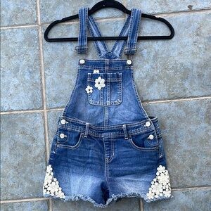 Blue Denim Shortalls with Adjustable Straps and Distressed Look